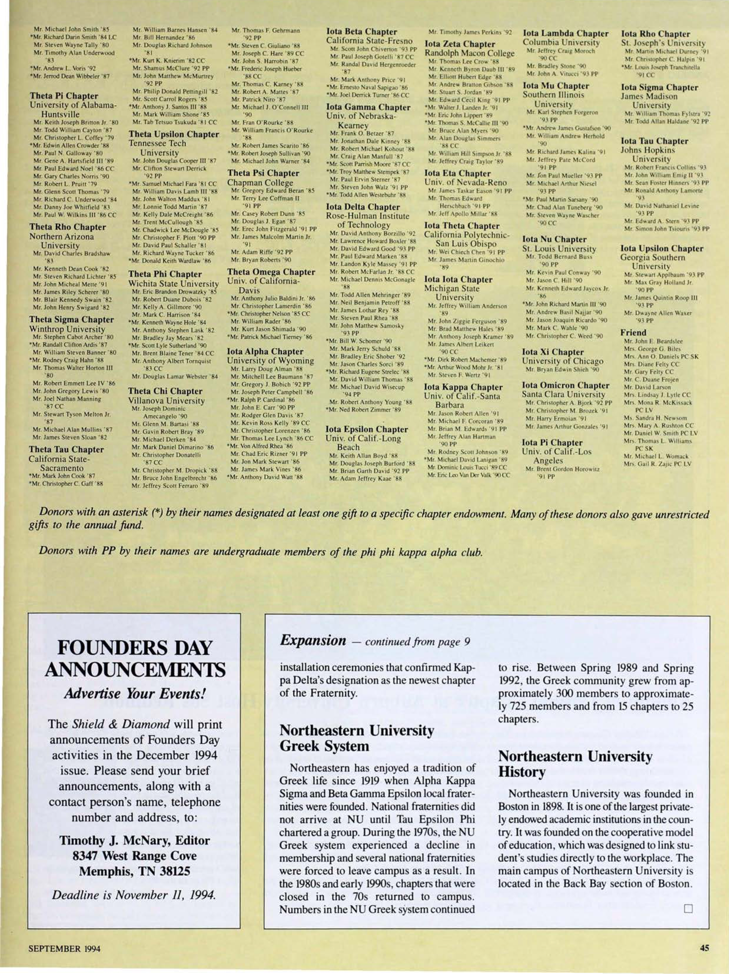 Foundation Day Announcements, September 1994